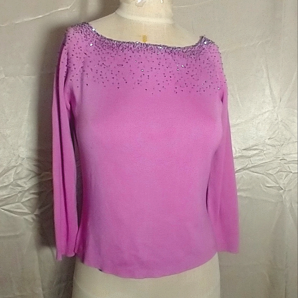 Modern Elements Pink Beaded 100% Silk Knit Long Sleeve Top Size Small